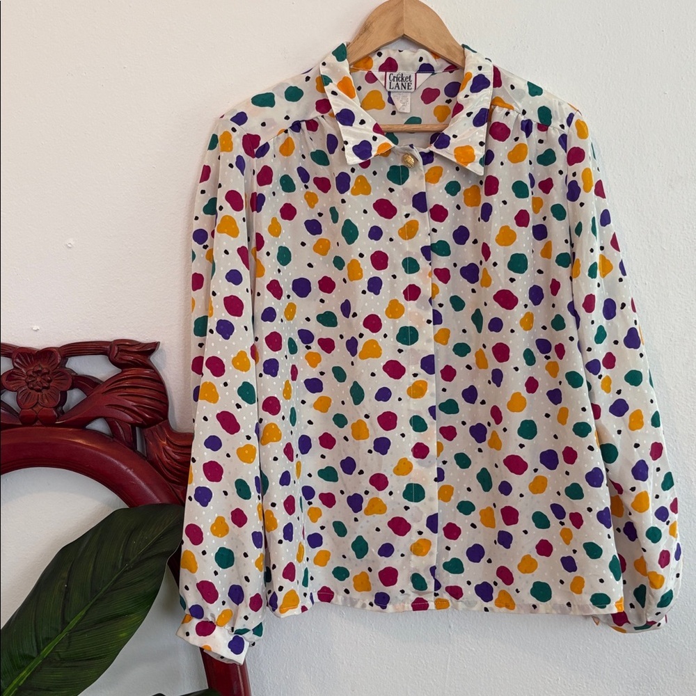 Vintage 80s Cricket Lane Colorful Spotted Satin Button Down Teachercore Top